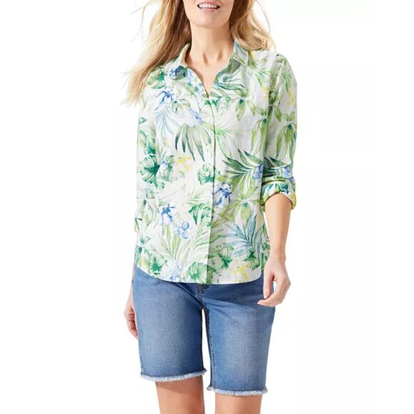 Tommy Bahama Tropical Retreat 100% Linen Shirt Botanical Blouse Top Shirt Large - Picture 1 of 7